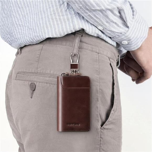 Leather car key case keychain wallet card holder organizer pouch with zipper for - Picture 6 of 7
